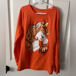 Unicorn / candy corn Girls Long Sleeve Orange Halloween tee shirt size XL (14)